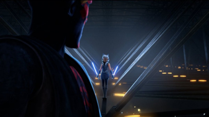 Darth Maul staring at Ahsoka as she walks towards him