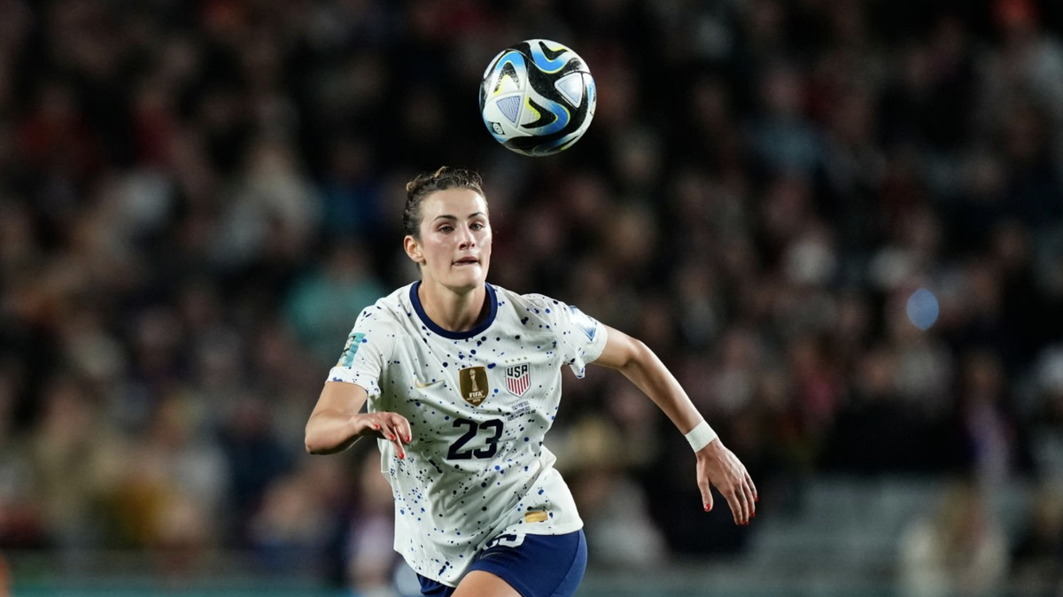 Emily Fox of USA and NC Courage controls the ball ahead of the women&#039;s soccer live stream at Olympics 2024