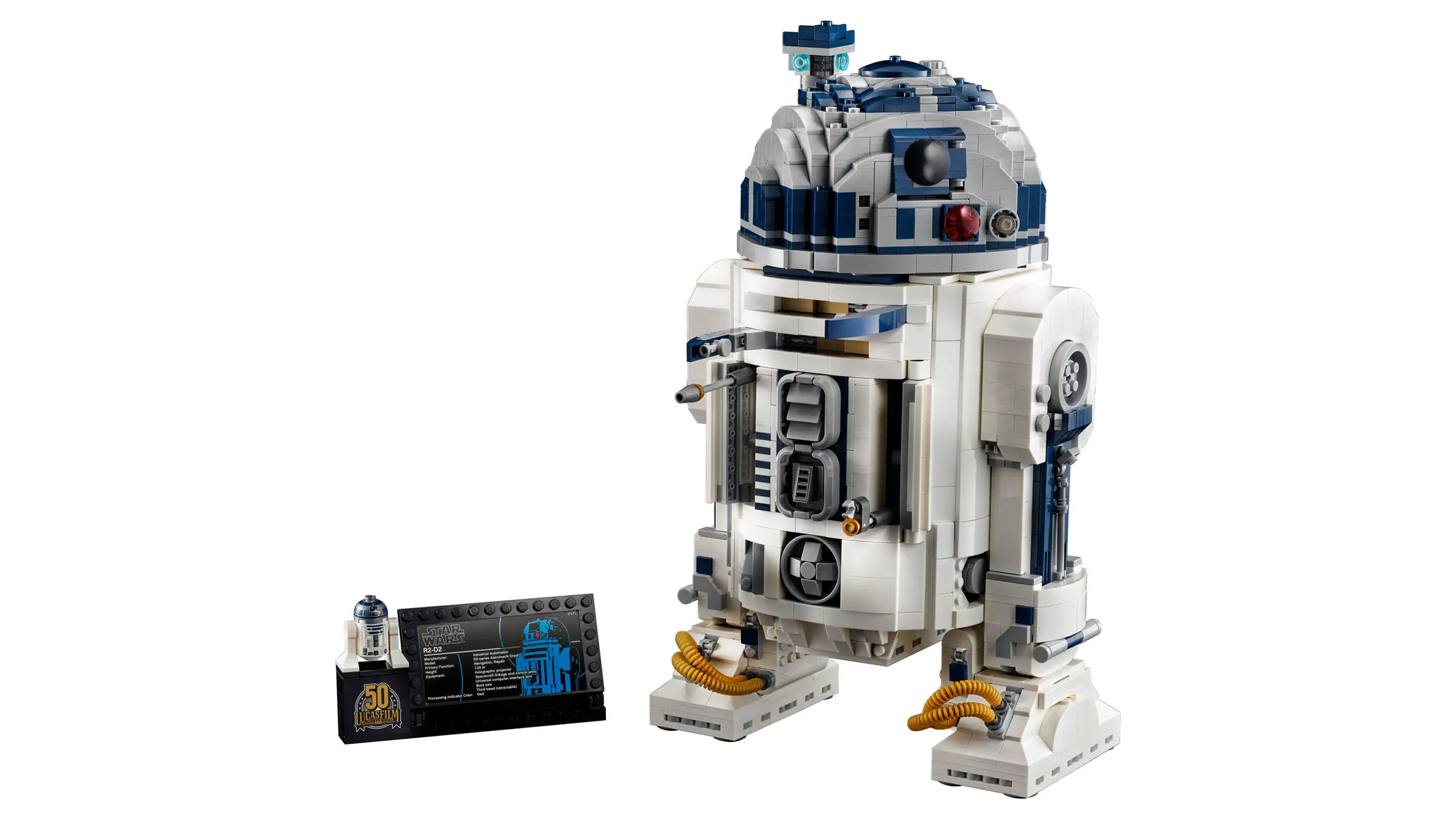 Lego R2-D2 model with information plaque.