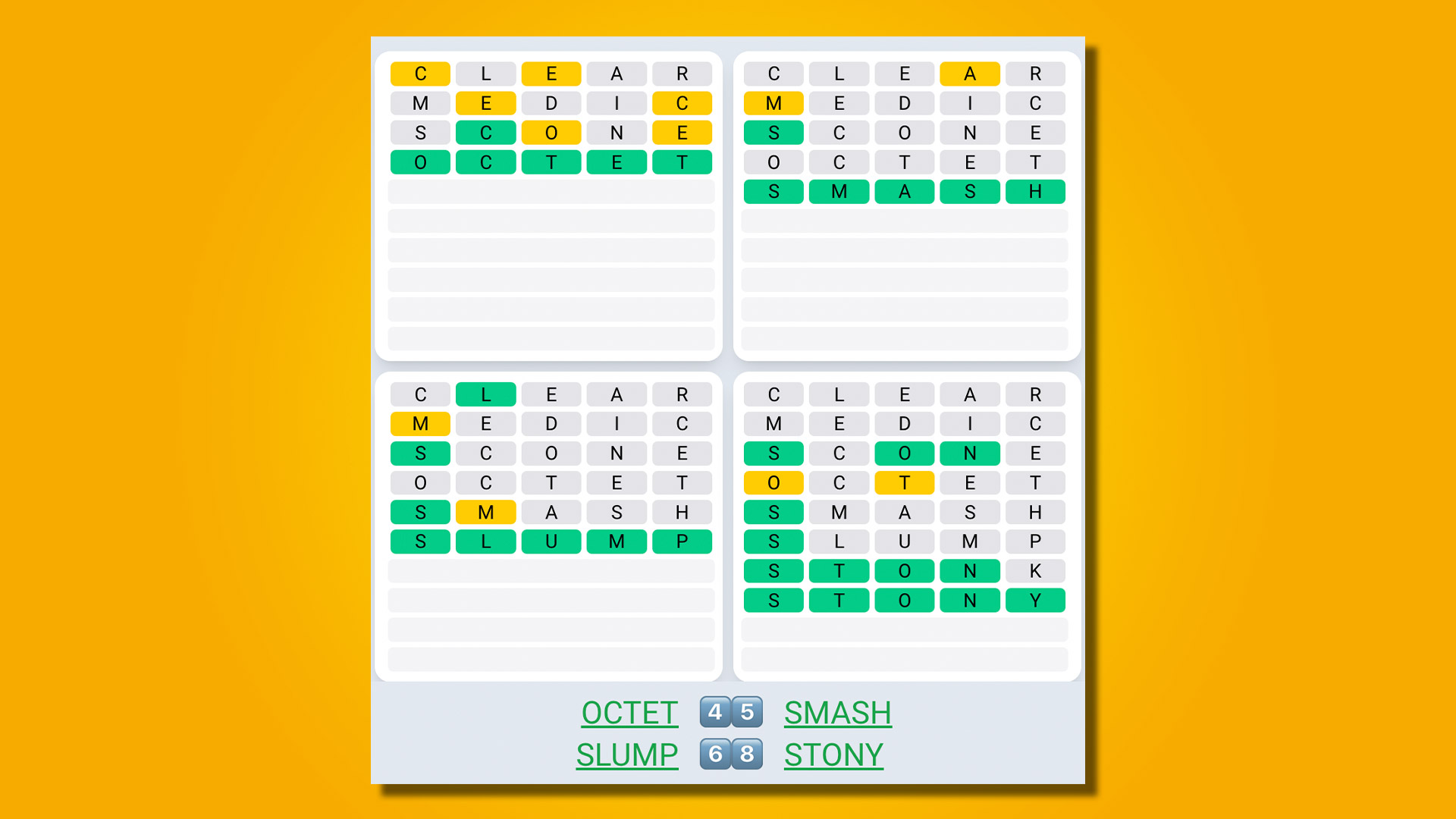 Quordle-Tagessequenzantworten für Spiel 473 auf gelbem Hintergrund