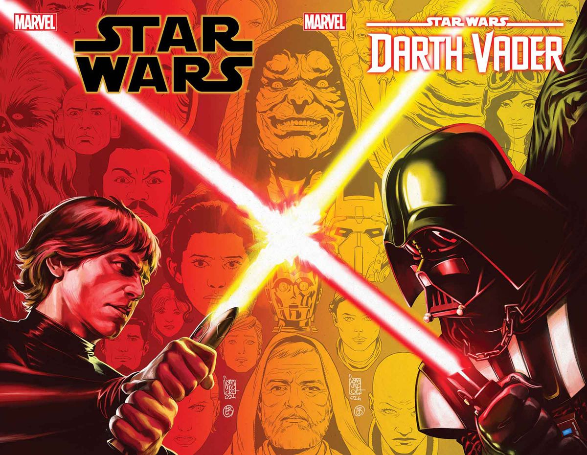 Star Wars #50 and Darth Vader #50 connecting covers by Giuseppe Camuncoli