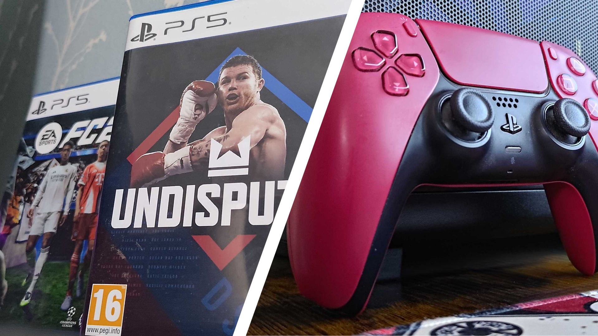 Undisputed and EA Sports FC 26 game cases, alongside Sony's PlayStation 5 controller