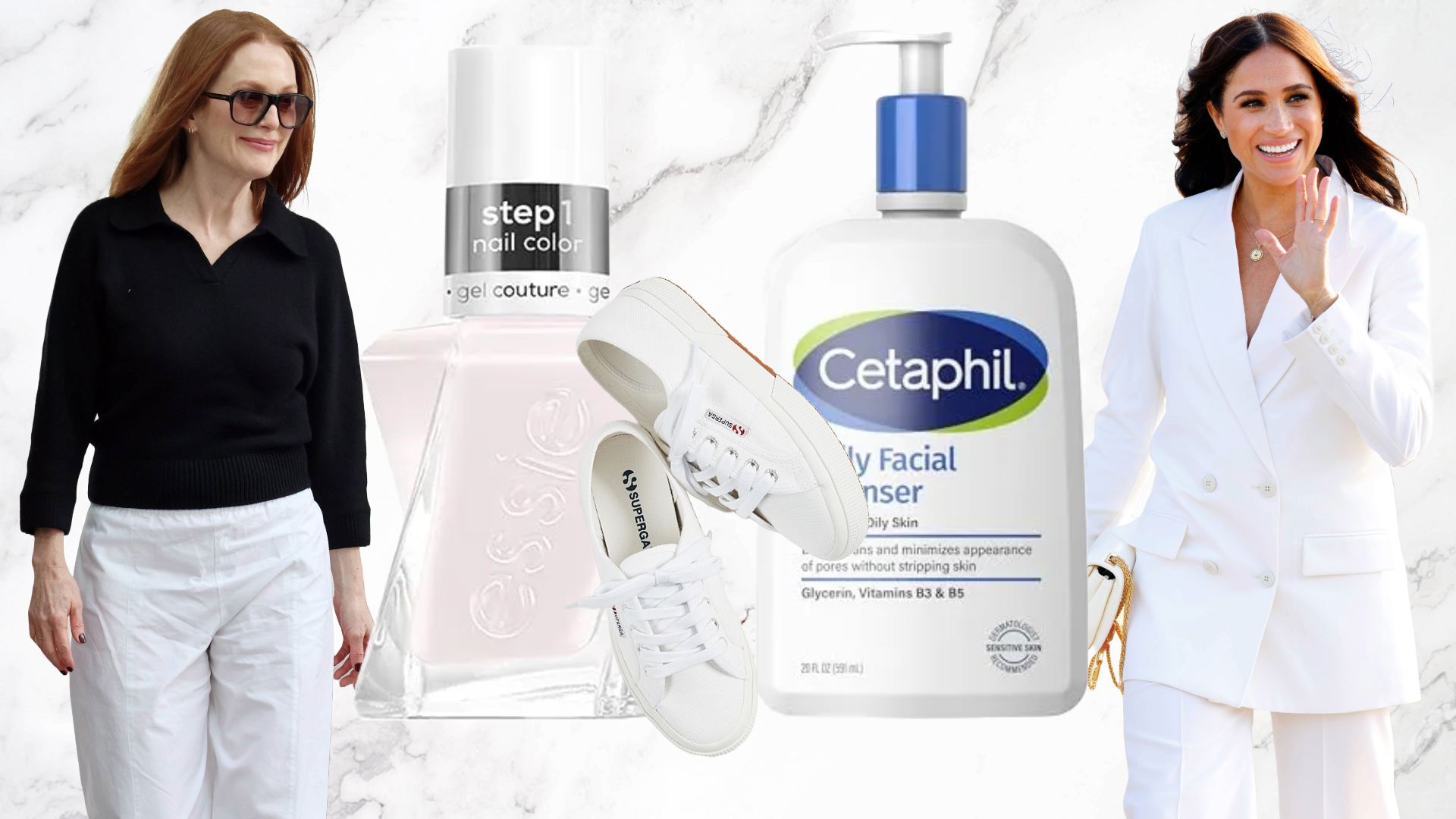 Julianne Moore and Meghan Markle next to beauty products from Essie and Cetaphil and a pair of sneakers from Superga.