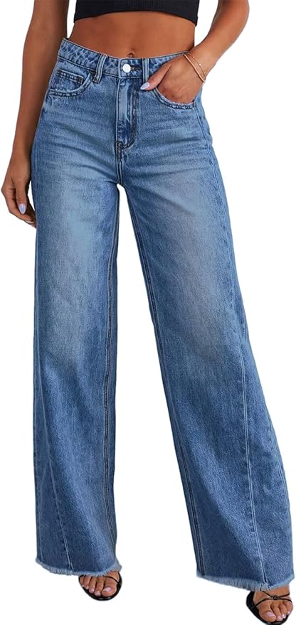 Sidefeel, Sidefeel Women&#039;s Wide Leg Jeans High Waisted Stretchy Raw Hem Denim Pants Size 8 Blue