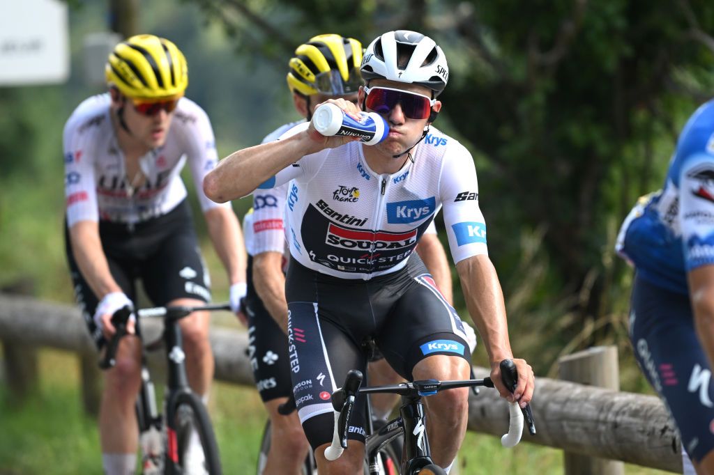 COL DE LA COUILLOLE FRANCE JULY 20 Remco Evenepoel of Belgium and Team Soudal QuickStep White best young jersey cools down during the 111th Tour de France 2024 Stage 20 a 1328km stage from Nice to Col de la Couillole 1676m UCIWT on July 20 2024 in Col de la Couillole France Photo by Dario BelingheriGetty Images