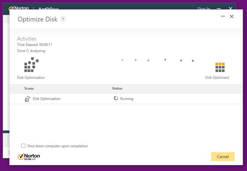 Screenshot of Norton optimizing a Windows computer