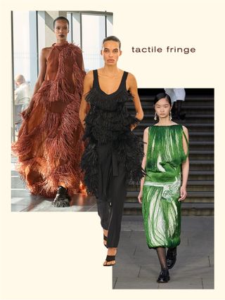 A woman wears a black fringe dress over black pants; a woman wears a brown fringe maxi gown; a woman wears a green fringe mini dress with red heels.