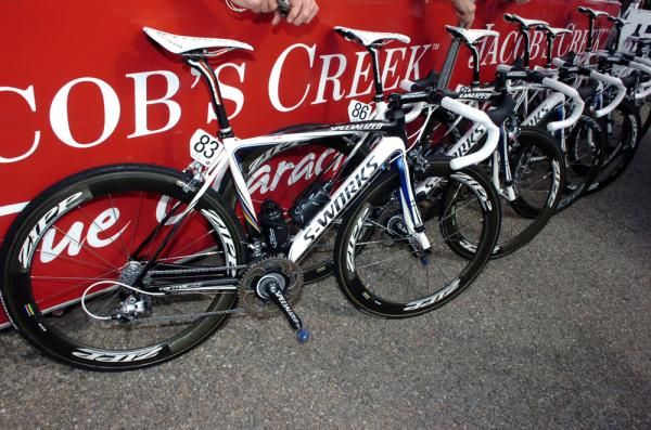 Saxo Bank's Specialized bikes lined up before the stage start