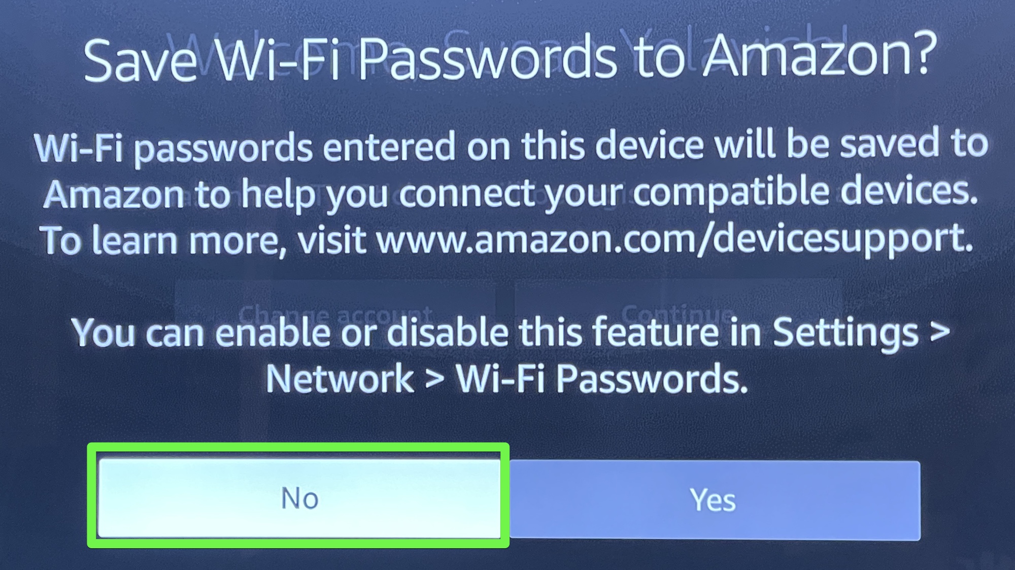 the fire tv setup screen asking if you want it to save your password.
