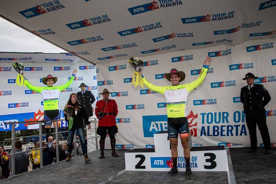 Evan Huffman (Rally Cycling) in yellow at the Tour of Alberta.