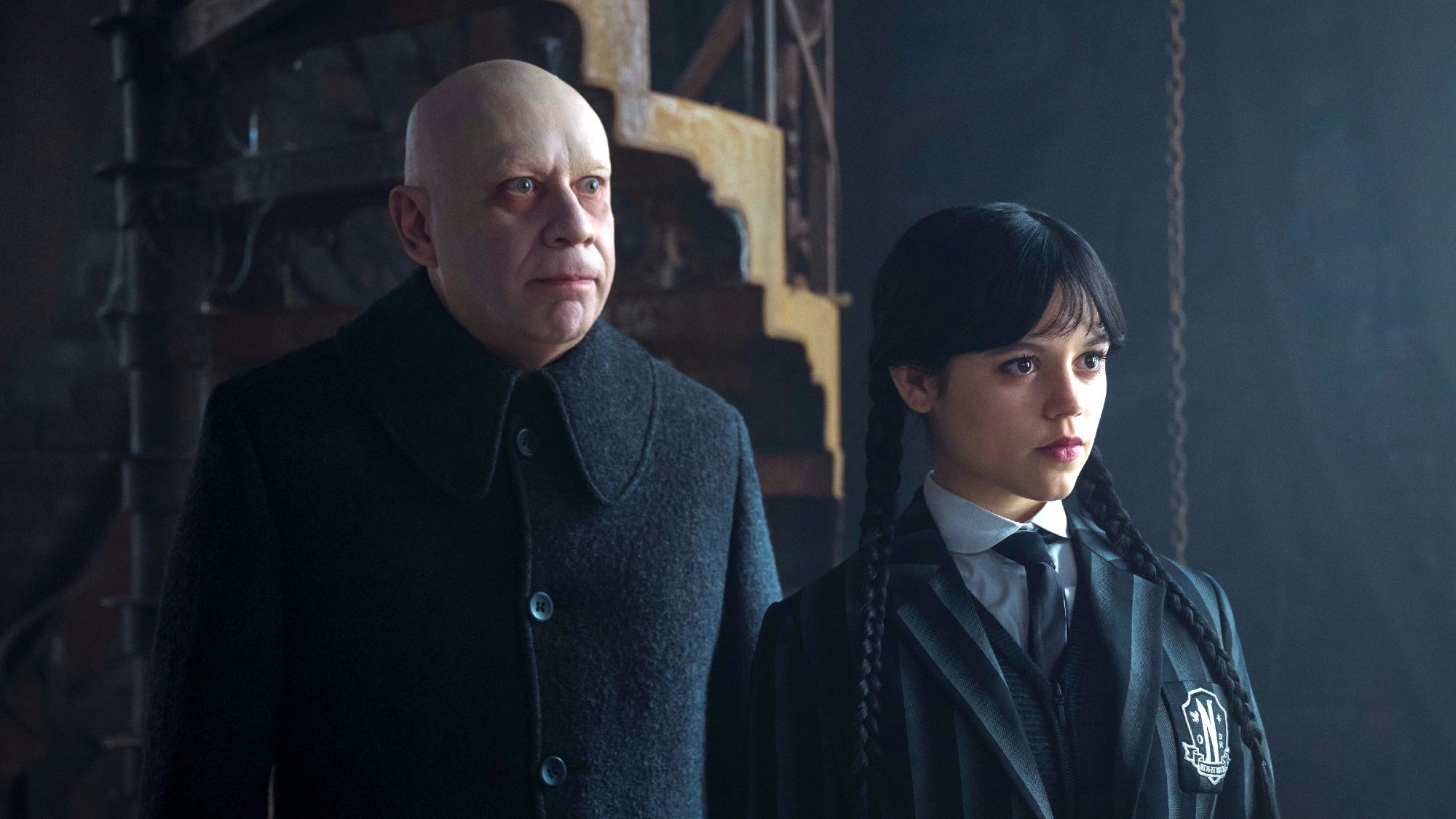 Fred Armisen as Uncle Fester, Jenna Ortega as Wednesday Addams in episode 204 of Wednesday