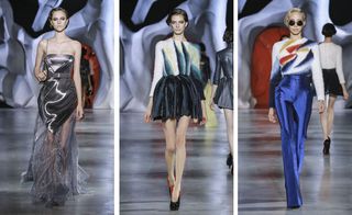 Three separate images of female catwalk models, wearing designer outfits, black, grey and white swirl pattern wall and floor