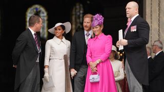 Peter Phillips, Meghan, Duchess of Sussex, Prince Harry, Duke of Sussex, Zara and Mike Tindall leave after the National Service of Thanksgiving