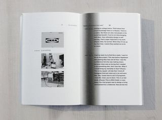 Slides from Virgil Abloh's presentation. White images from IKEA on the left page and text on the right page.