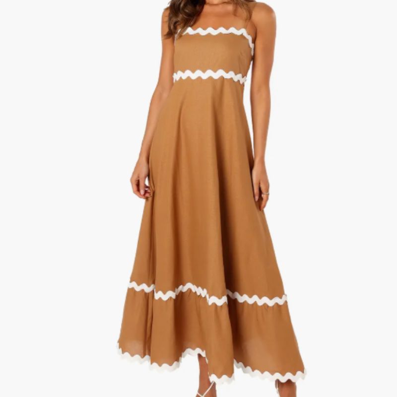 tan and white dress