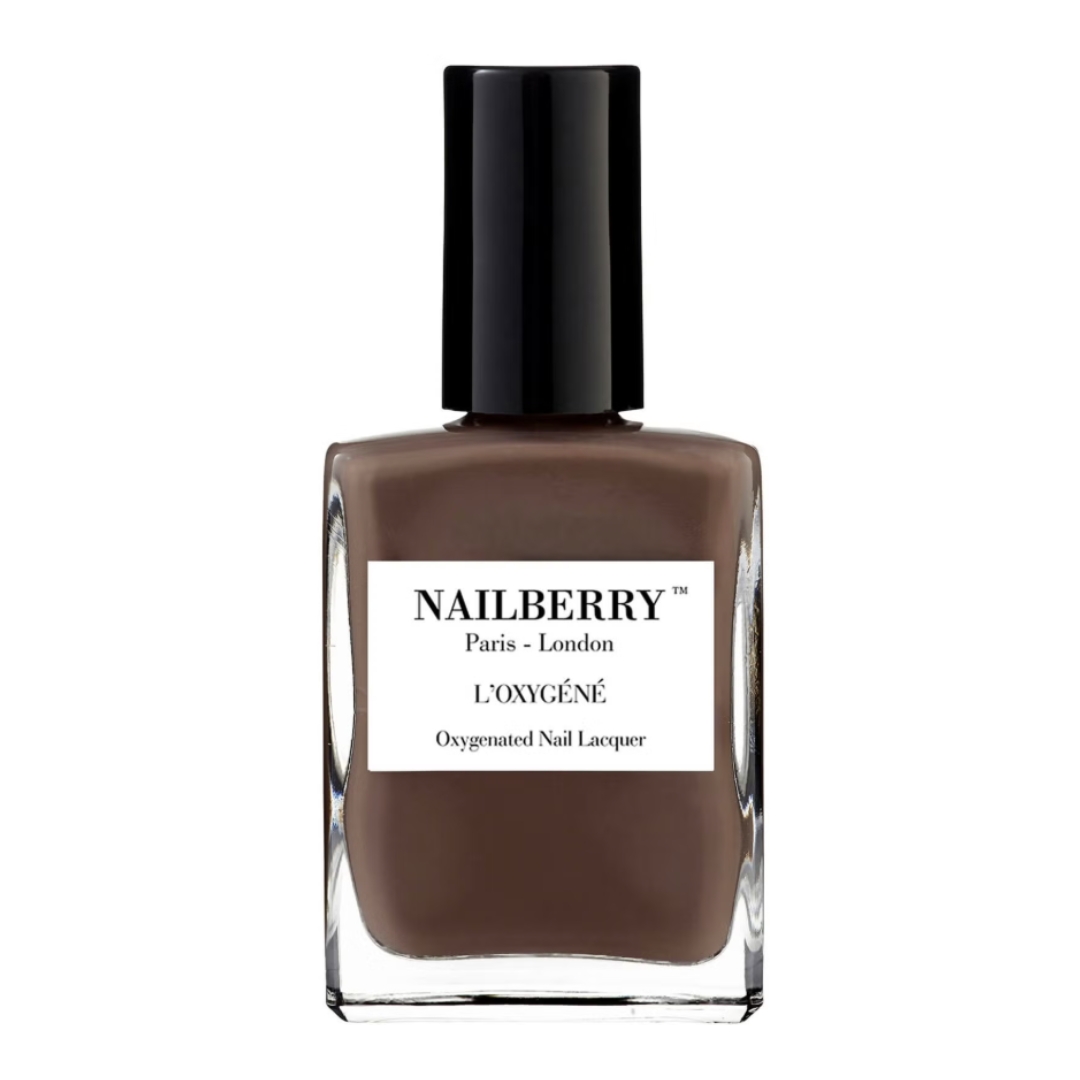 A product shot of the Nailberry L'Oxygene Nail Lacquer in Shade Taupe La (a soft Taupe brown), on a white background