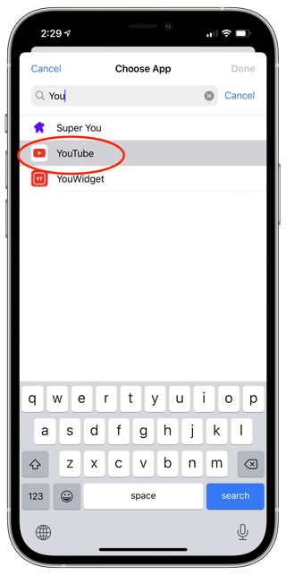 Screenshot showing Choose App menu with YouTube selected