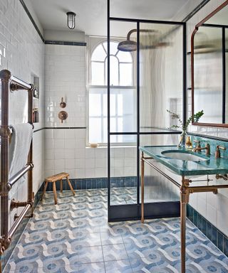 industrial decor with metro tiles and glass screen