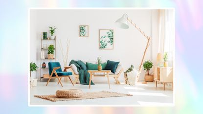 Pastel rainbow background with a picture of a modern living room