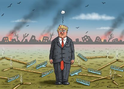Political cartoon U.S. Trump California wildfires Camp Fire rakes climate change