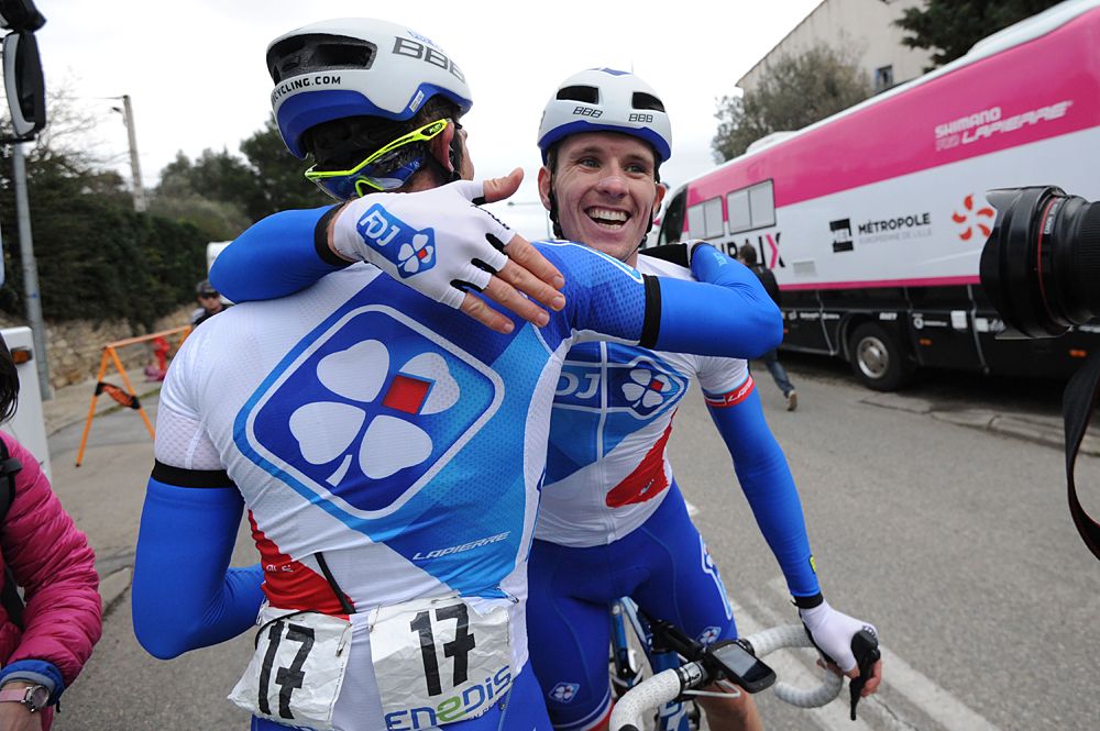 Arnaud Demare celebrates his stage win wiht FDJ teammate Olivier Le Gac