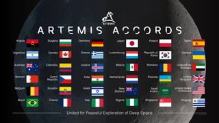 a list of flags belonging to 36 different countries under the text "Artemis Accords"
