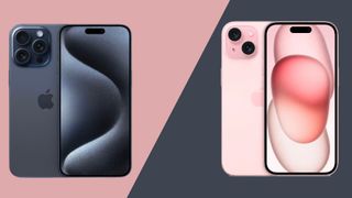 The iPhone 15 and iPhone 15 Pro Max on a pink and gray background.