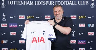  Tottenham Hotspur manager Ange Postecoglou poses for a photo at Tottenham Hotspur Training Centre on June 09, 2023 in Enfield, England.