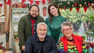 Zach Cherry, Paul Hollywood, Casey Wilson and Prue Leith on The Great American Baking Show: Celebrity Holiday