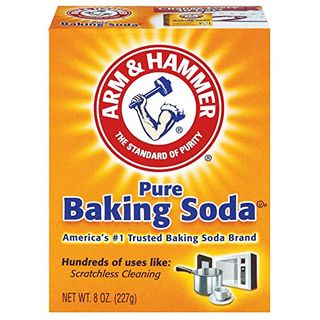 Orange box of Arm & Hammer Pure Baking Soda, 8oz on white background