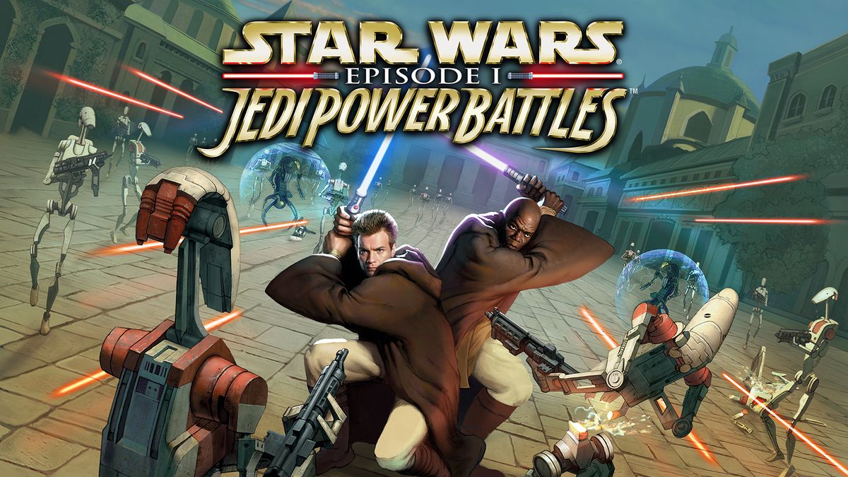 Game box art for the video game &#039;Star Wars: Episode I: Jedi Power Battles.&#039; Top center is the title &#039;Star Wars Episode 1 Jedi Power Battles.&#039; Two brown-robed male Jedis are fighting off an army of attacking droids. Each is wielding a lightsaber.