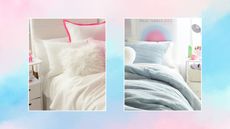 Two pictures of Dormify bedding on a blue and pink background