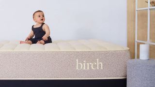 A baby sitting on the Birch Natural Mattress without fiberglass