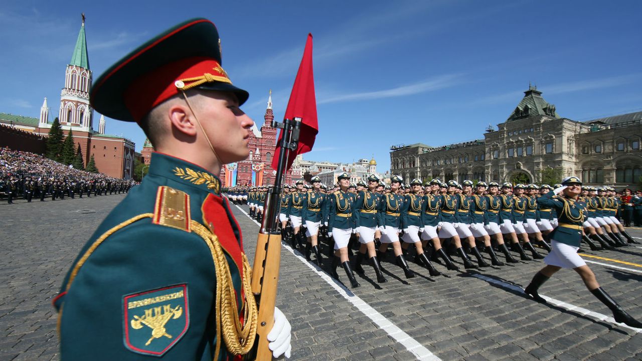 Russian servicewomen march in Red Square during this year&amp;#039;s Victory Day military parade in Moscow