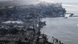 Aerial view across Lahaina Town in western Maui shows homes scorches and destroyed