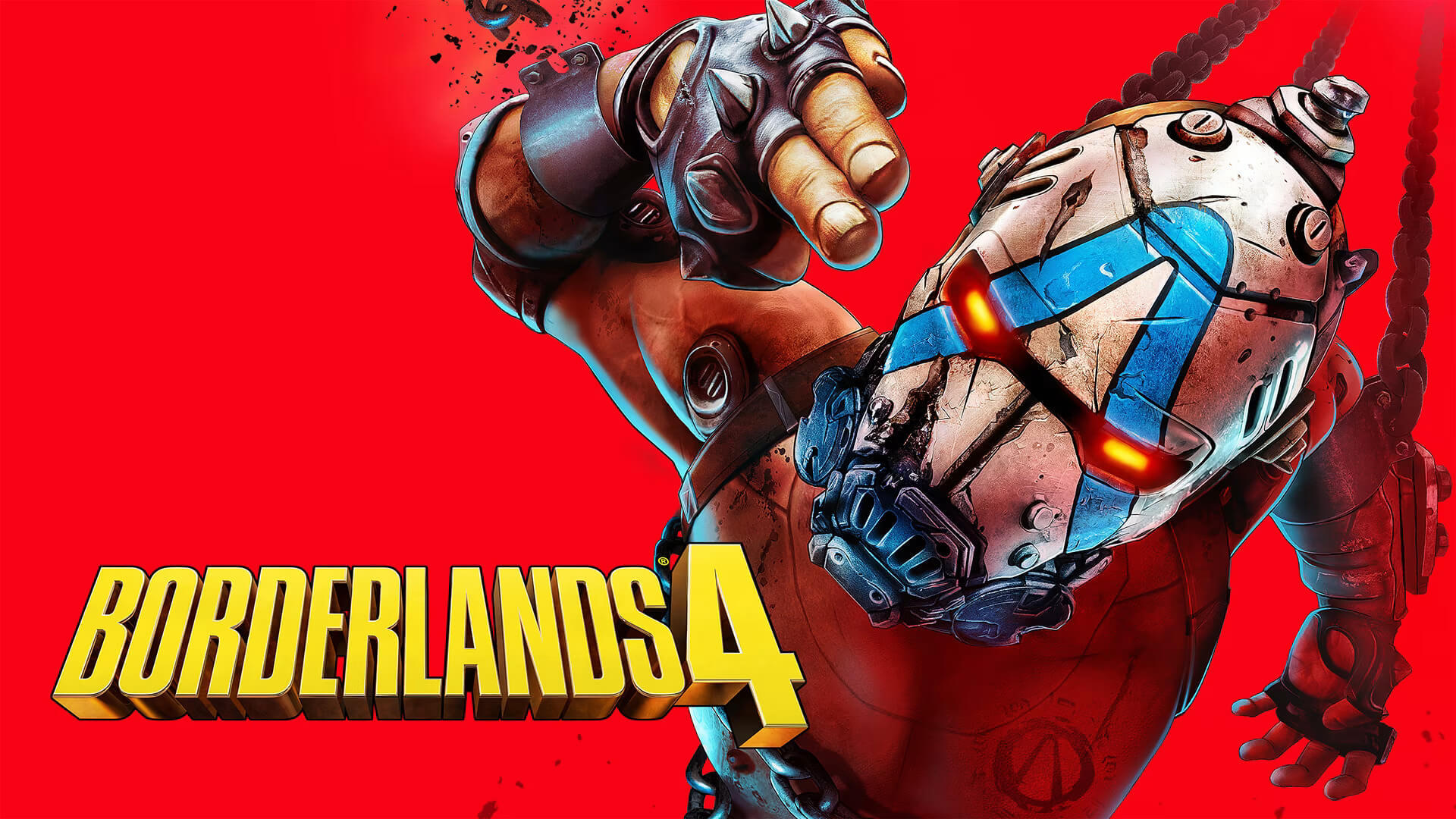 A character from Borderlands 4 chained up pointing his fingers at the screen against a red background with the text 'Borderlands 4' above them