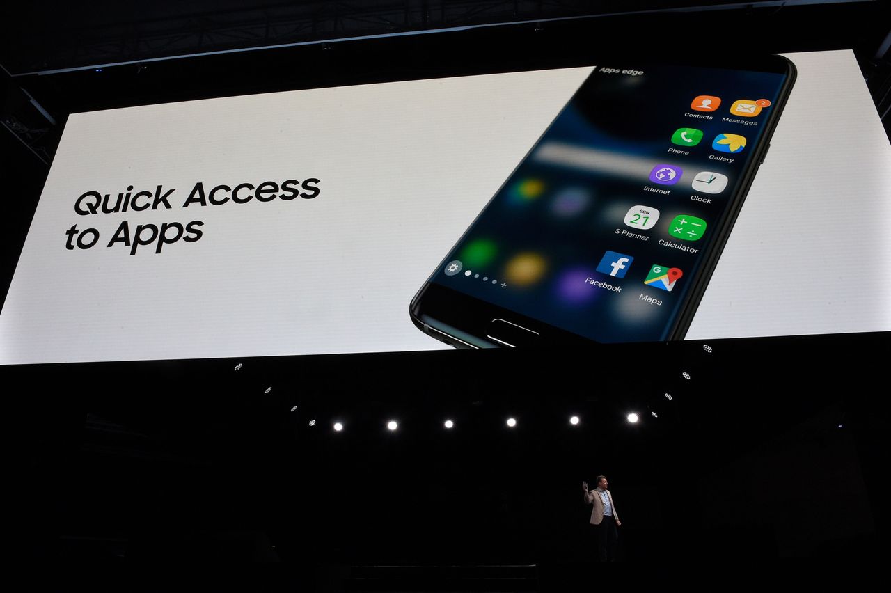 Vice President and Head of Mobile Products at Samsung Electronics America, Justin Denison speaks during a press conference to present South Korean multinational conglomerate corporation Samsu
