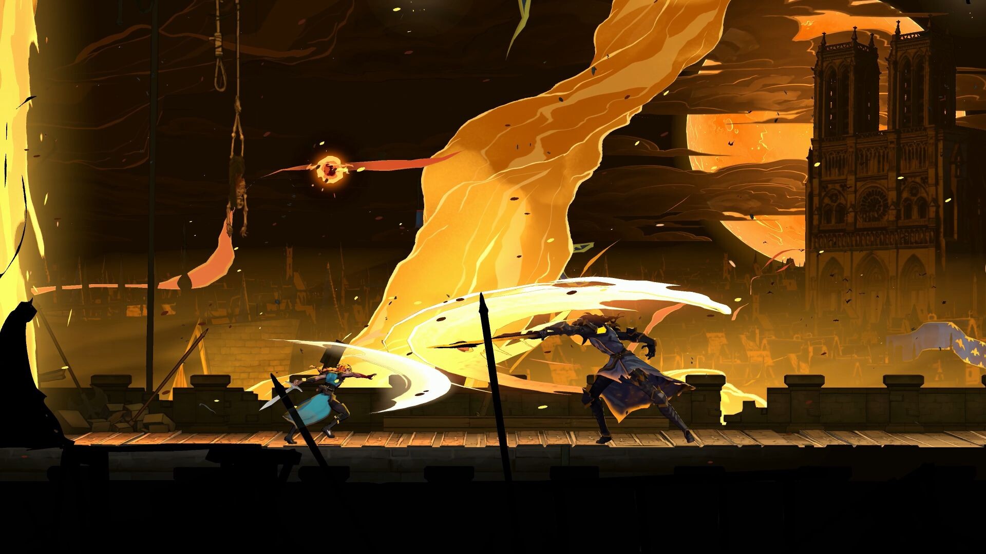 Castlevania: Belmont's Curse screenshot showing to characters clashing with swords in fight in front of a gothic cathedral