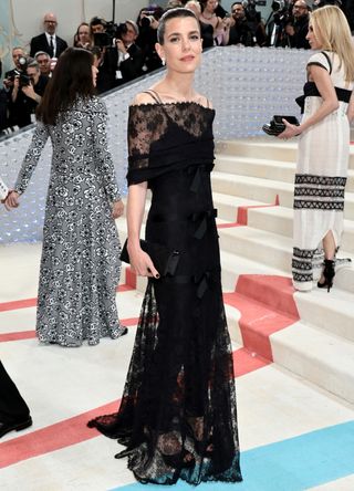 Princess Charlotte Casiraghi at the 2023 Met Gala, wearing a black lace dress