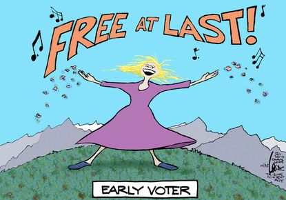 Political cartoon U.S. 2016 election Donald Trump Hillary Clinton early voter freedom