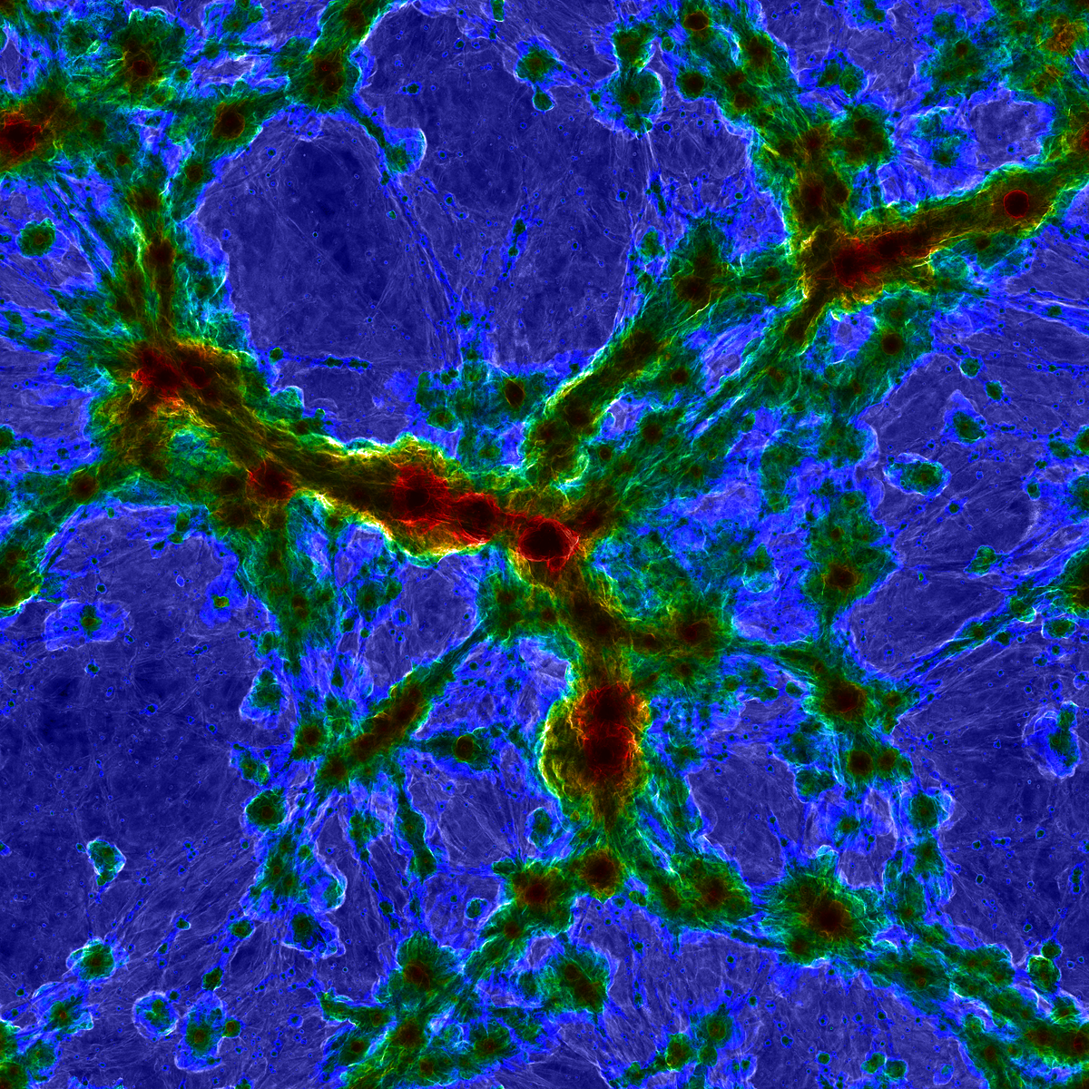 The centers of massive galaxy clusters are super hot (red), while bright structures show diffuse gas from the intergalactic medium shock heating at the boundary between cosmic voids and filaments. 