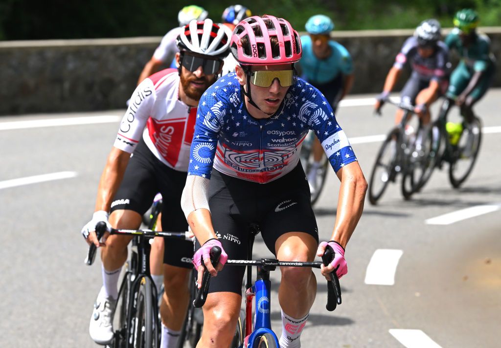 SAINTLARYSOULAN PLA DADET FRANCE JULY 13 Sean Quinn of The United States and Team EF Education EasyPost competes in the breakaway during the 111th Tour de France 2024 Stage 14 a 1519km stage from Pau to SaintLarySoulan Pla dAdet 1653m UCIWT on July 13 2024 in SaintLarySoulan Pla dAdet France Photo by Dario BelingheriGetty Images