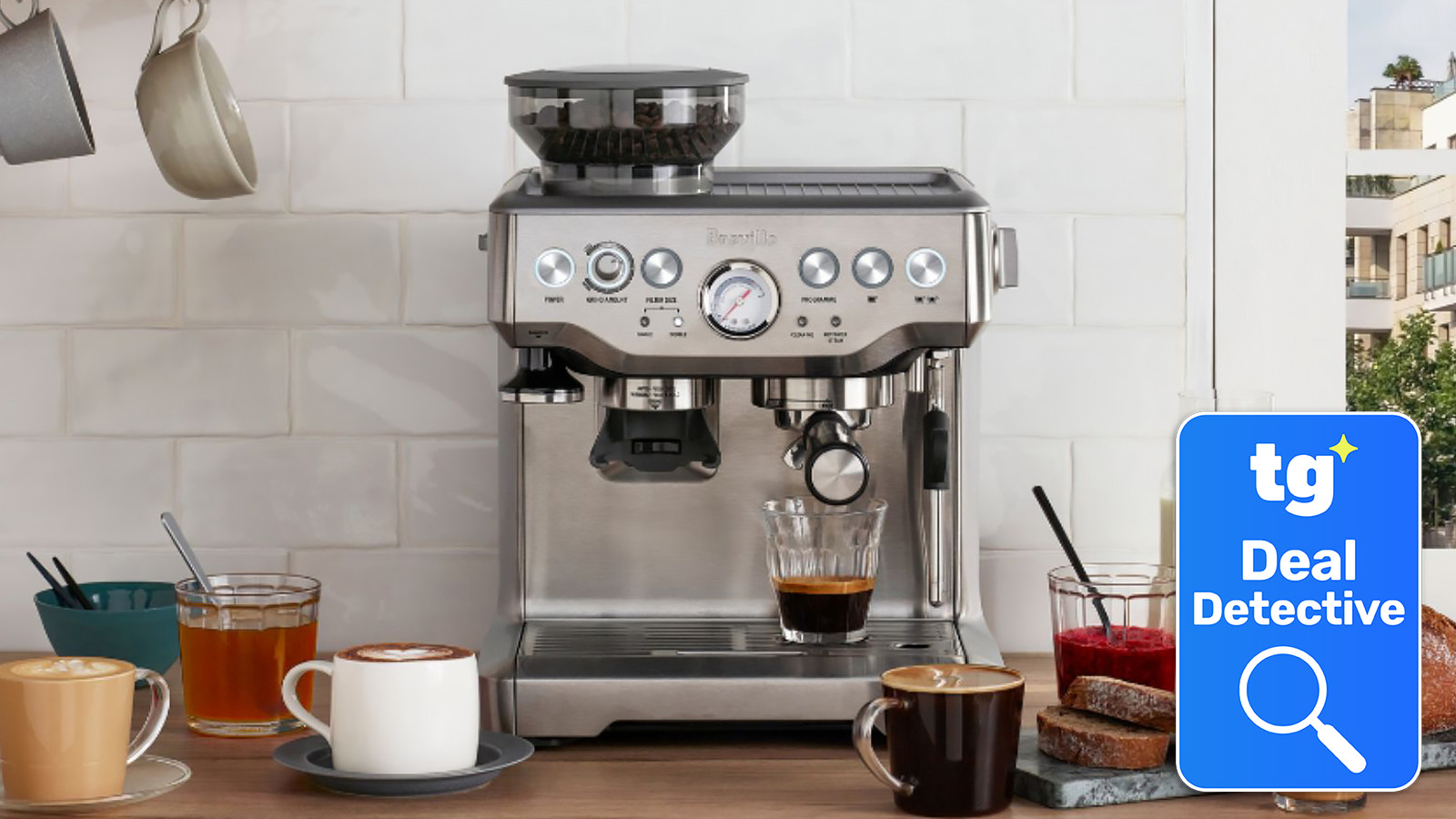 a photo of the breville barista express in a kitchen with a tom's guide deal detective badge