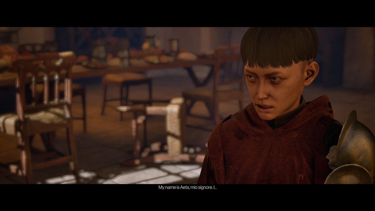 1348 Ex Voto's main character Aeta looking up in the middle of a hall