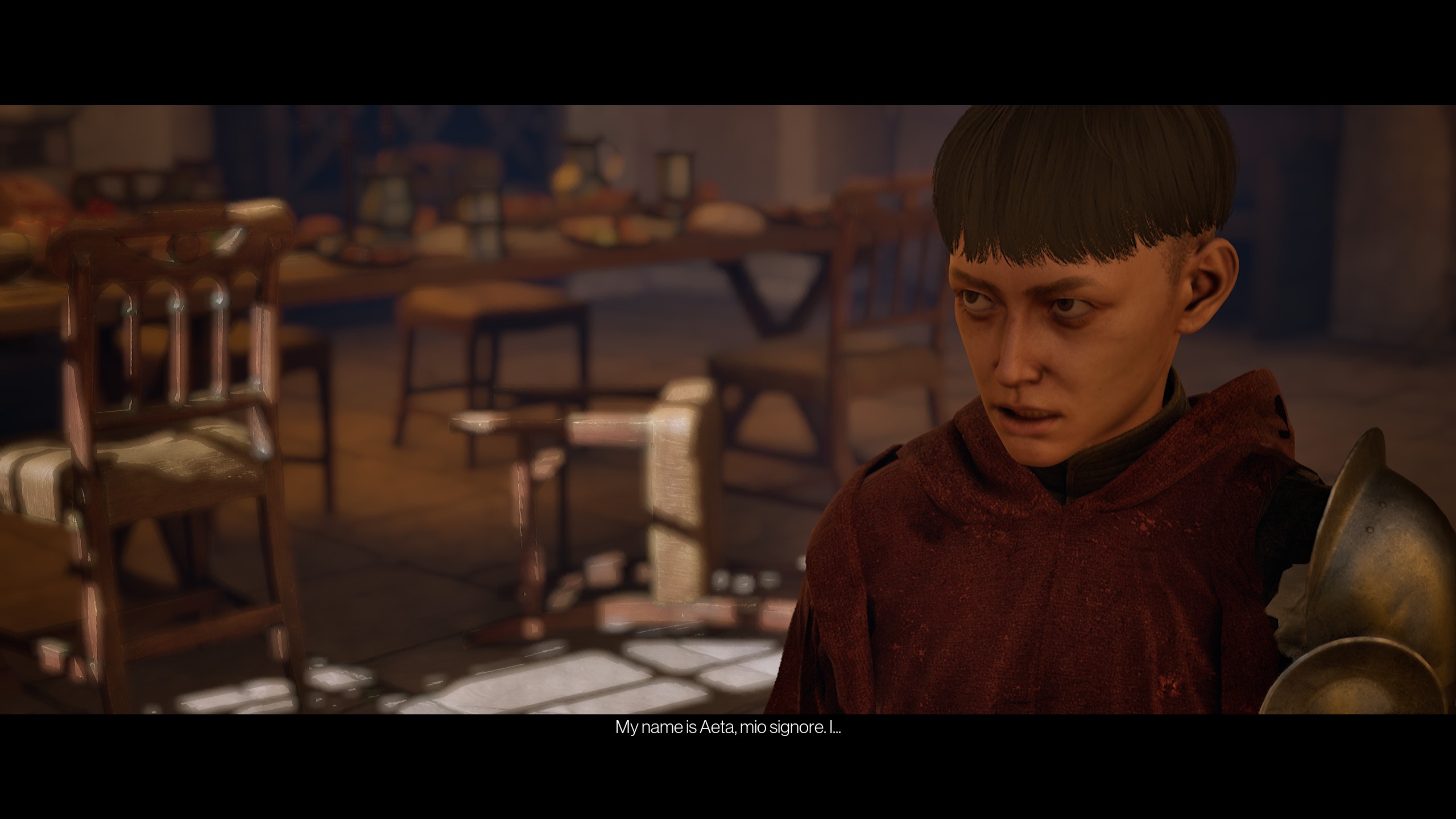 1348 Ex Voto's main character Aeta looking up in the middle of a hall