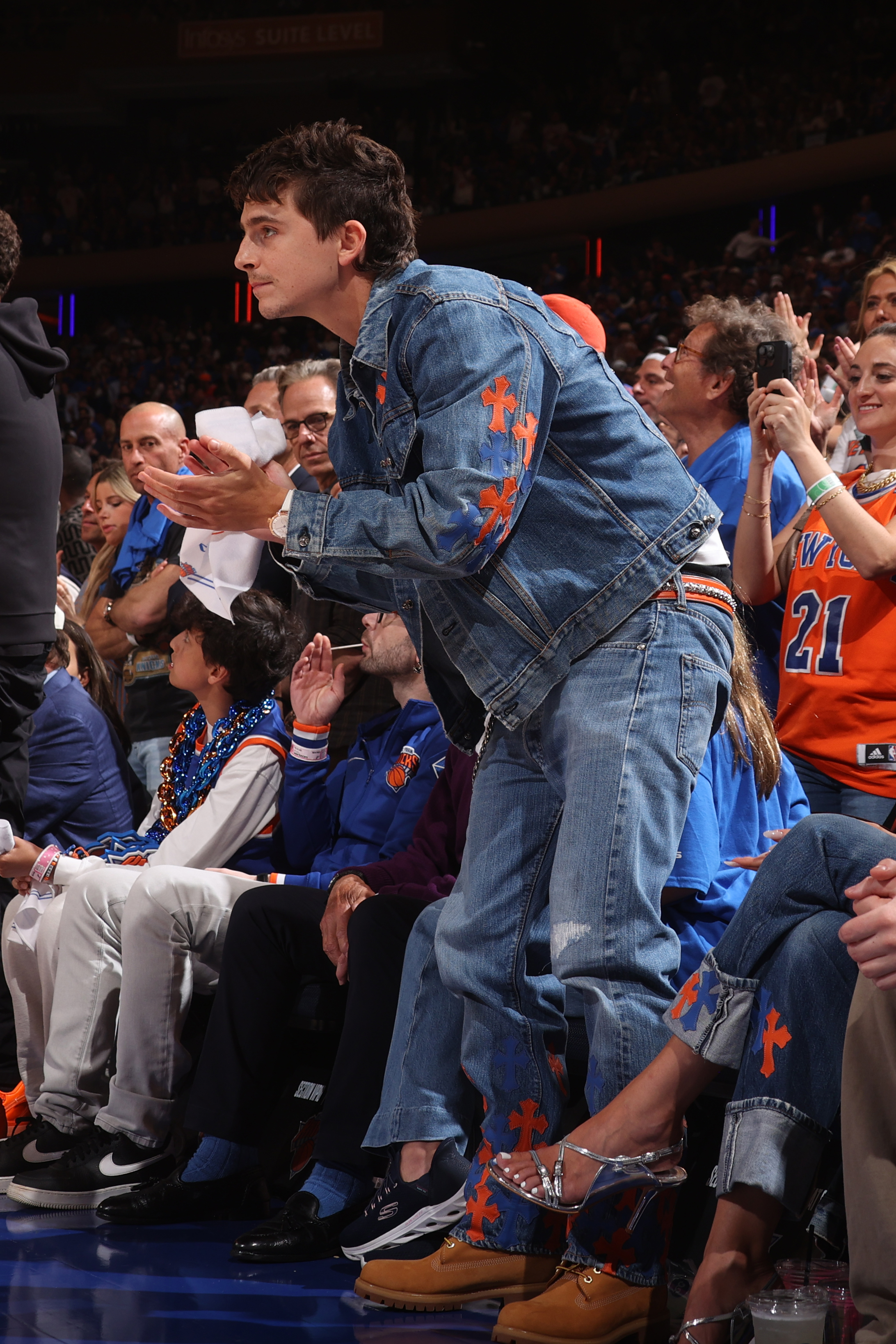 Kylie Jenner and Timoth&amp;eacute;e Chalamet matched in double-denim outfits at the Knicks vs. Spurs Game 4