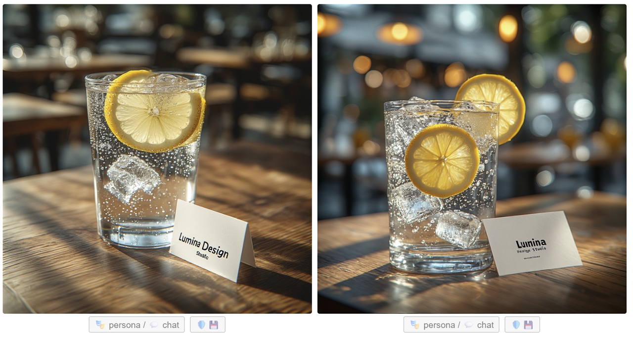 AI-generated images of a glass containing ice and lemon beside a business card that reads Lumina Design