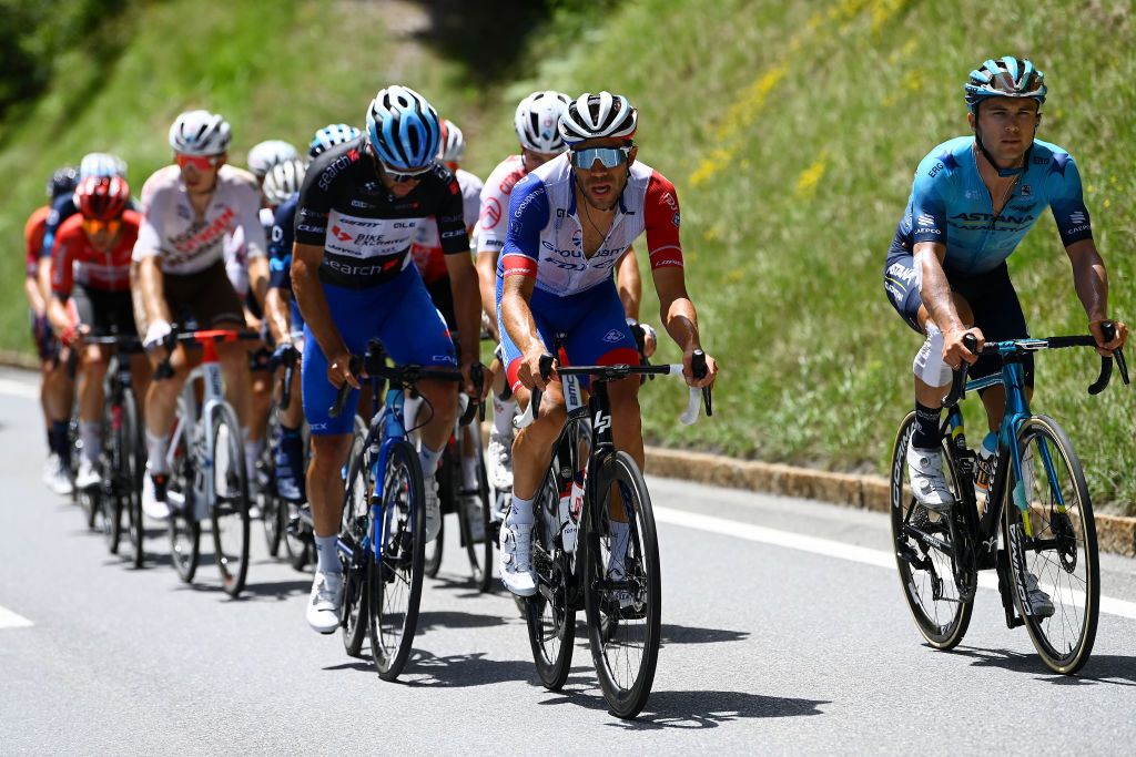 MALBUM SWITZERLAND JUNE 18 LR Michael Matthews of Australia and Team BikeExchange Jayco Black Points Jersey Thibaut Pinot of France and Team Groupama FDJ and Alexey Lutsenko of Kazahkstan and Team Astana Qazaqstan compete in the breakaway during the 85th Tour de Suisse 2022 Stage 7 a 1946km stage from Ambri to Malbun 1560m tourdesuisse2022 WorldTour on June 18 2022 in Malbun Switzerland Photo by Tim de WaeleGetty Images