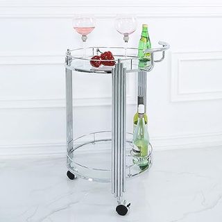 Bar Cart Chrome, 2 Tiers Drinks Trolley on Wheels, Rolling Home Bar Serving Cart With Tempered Glass Shelves and Metal Frame, Modern Wine Cart for Home, Kitchen, Dining and Living Room