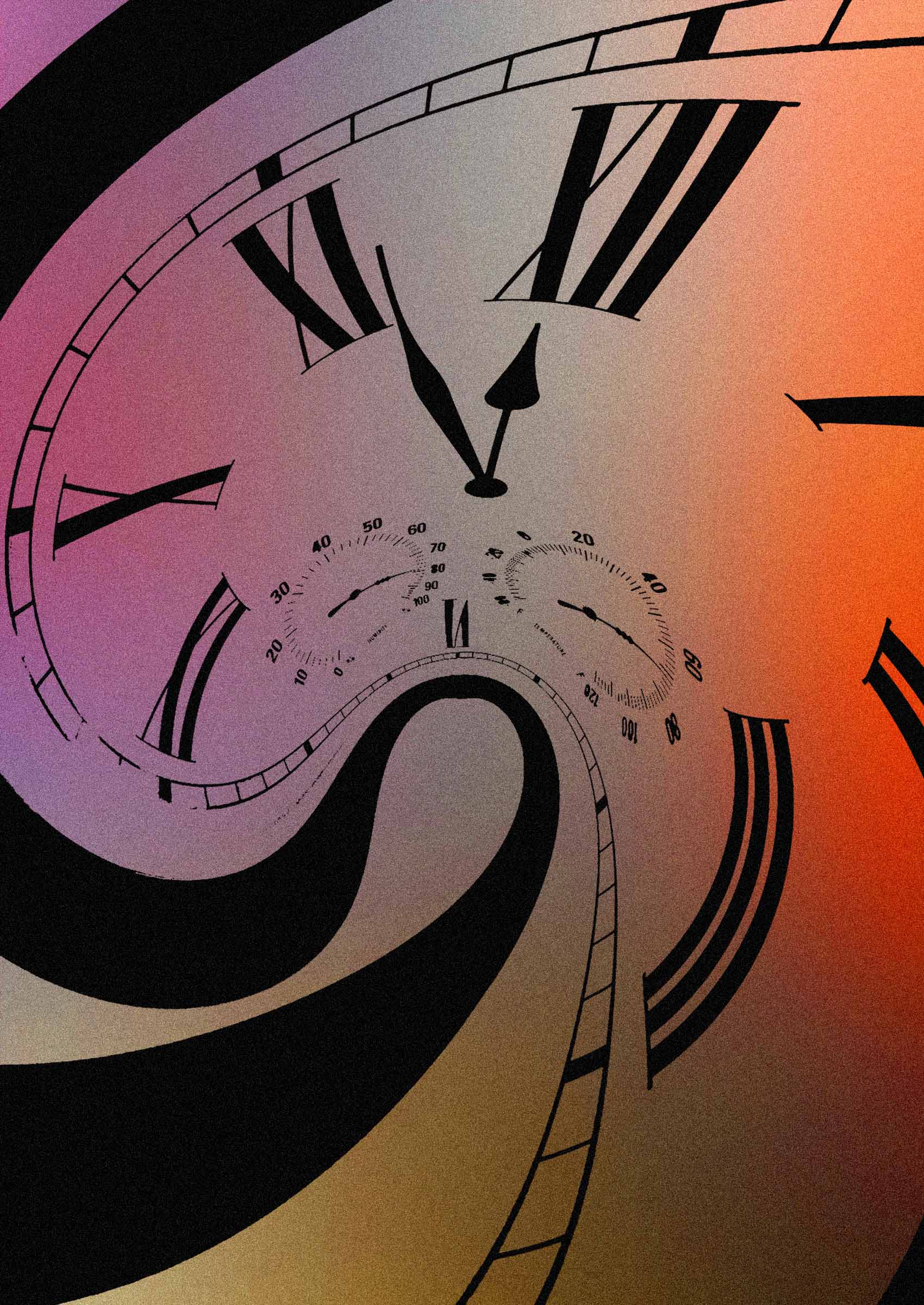 perfume bottles and black clocks on a colorful gradient background